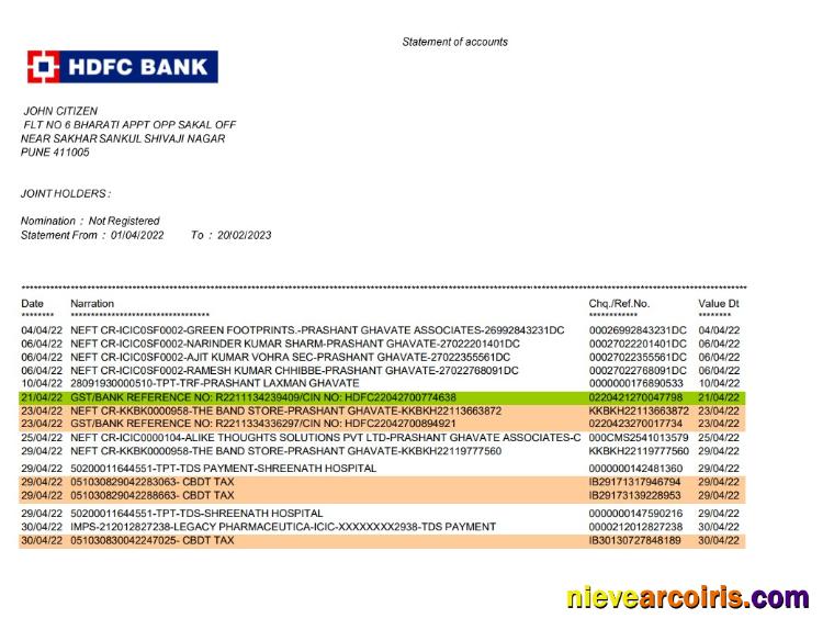 India HDFC bank statement, Word and PDF format, 2 pages, version 2